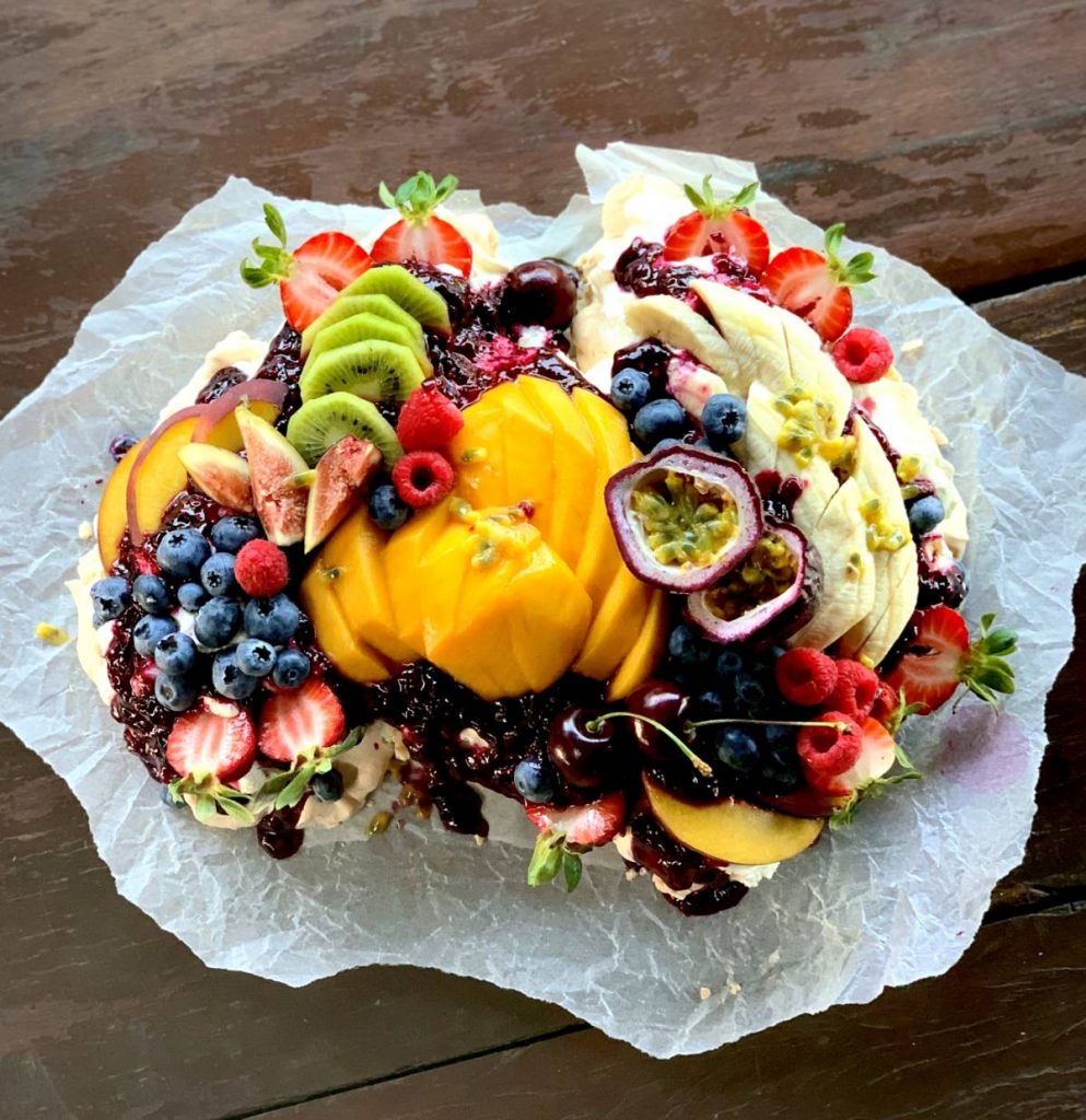 Pavlova With Berry Coulis, Anzac Biscuit Crust And Macadamia (1)